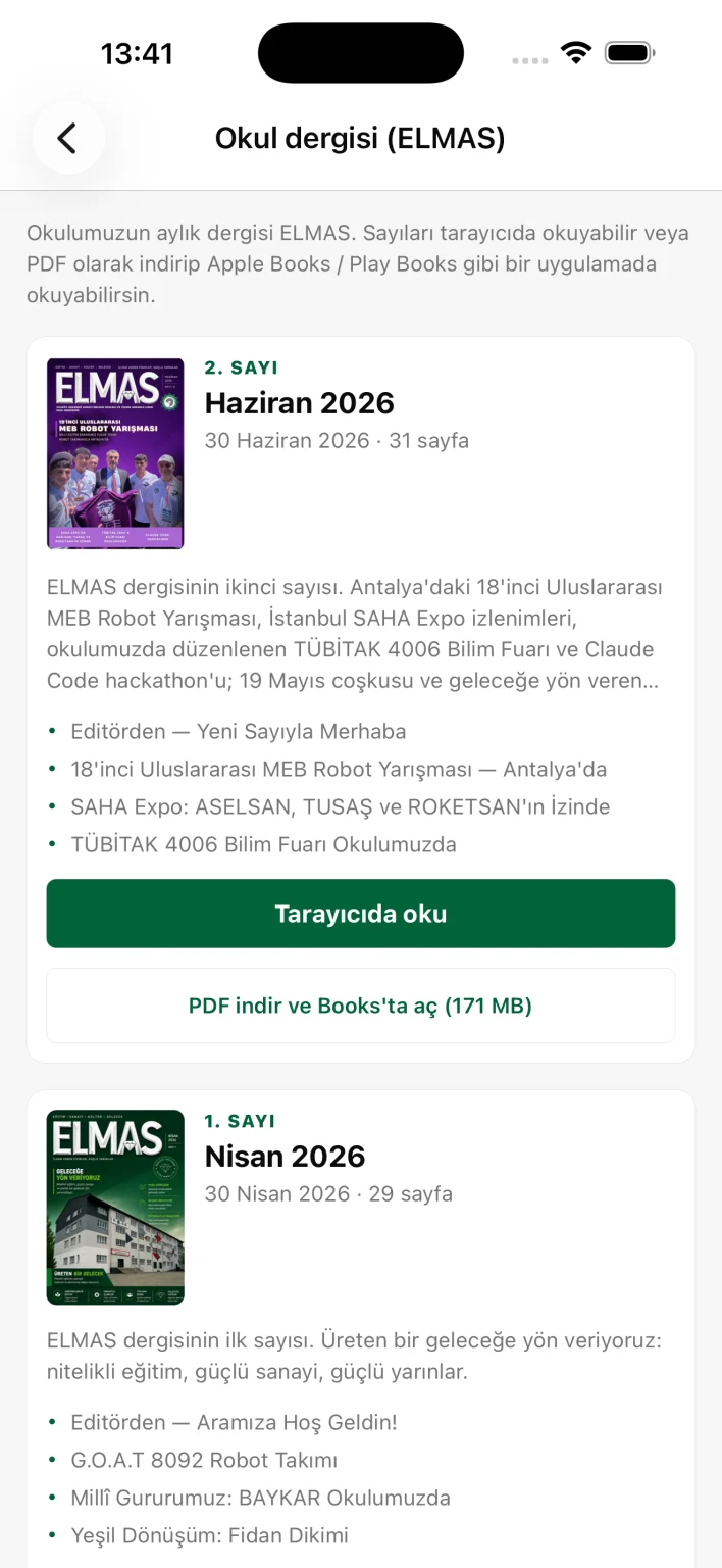 Uygulamanın ELMAS okul dergisi ekranı